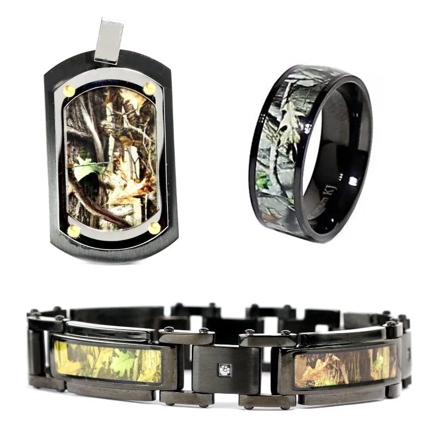 3 pc Black Camo Jewelry Set Hunting Bracelet Ring Dog Tag