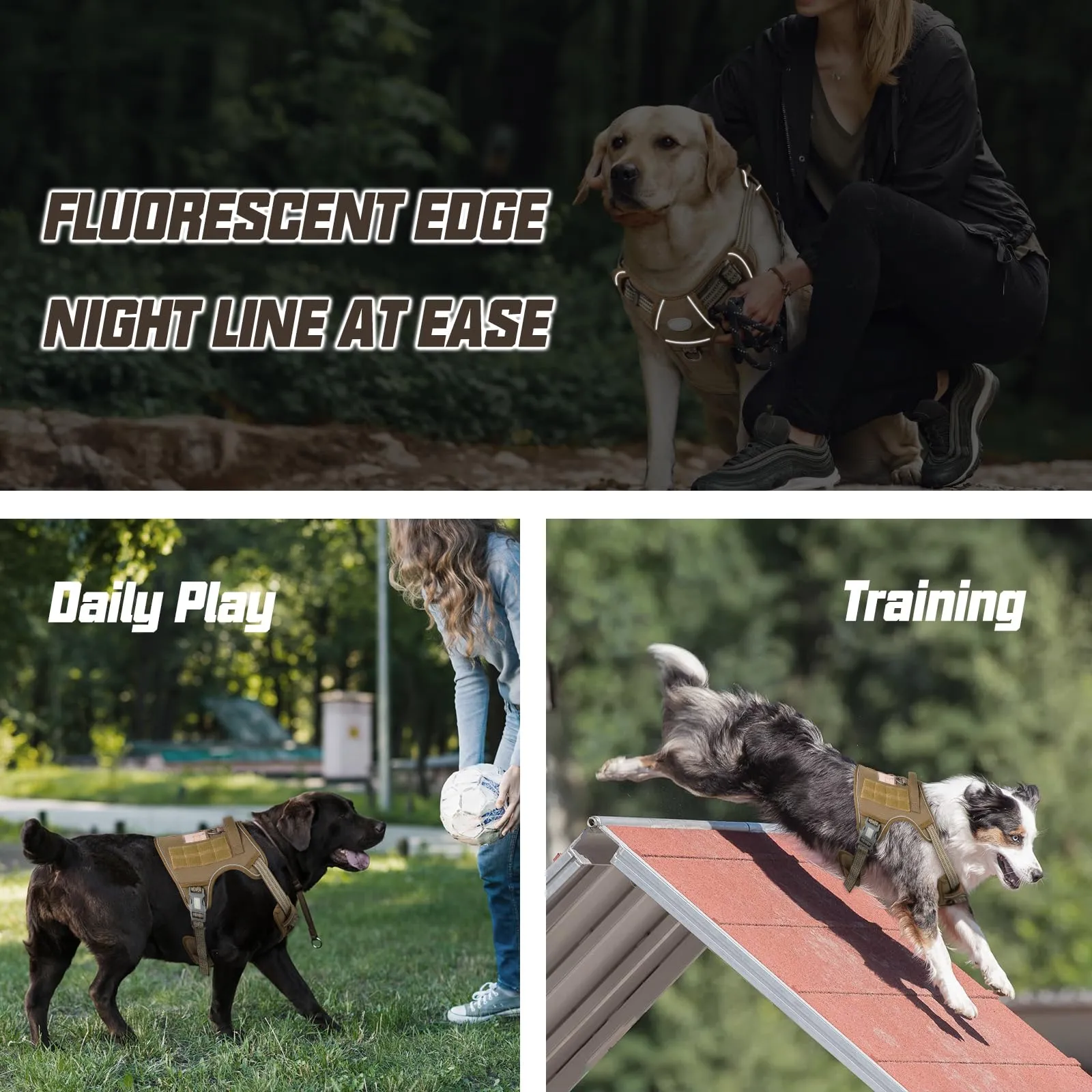 Auroth No Pull Adjustable Tactical Dog Harness for Large Dogs with Reflective, Army Yellow L
