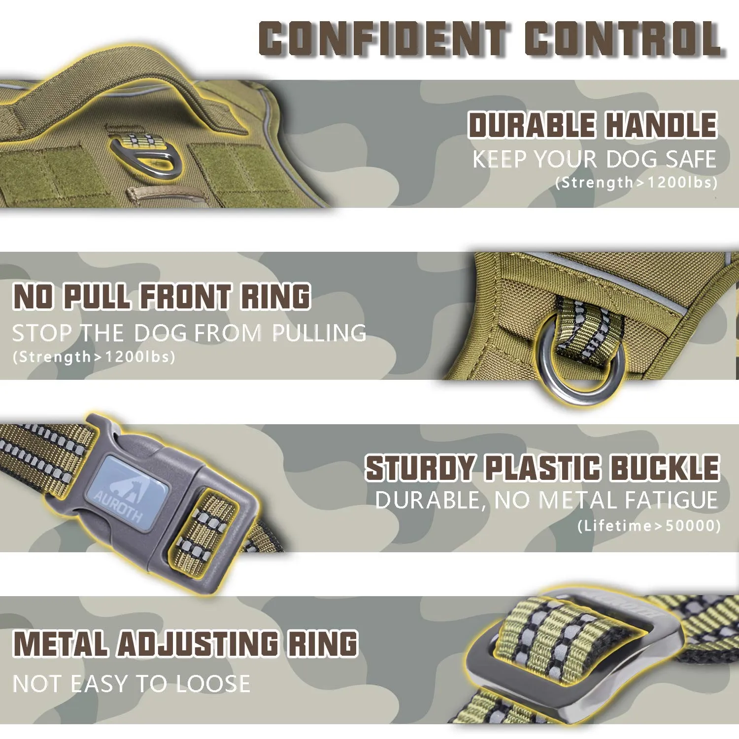 Auroth No Pull Adjustable Tactical Dog Harness for Large Dogs with Reflective, Army Yellow L