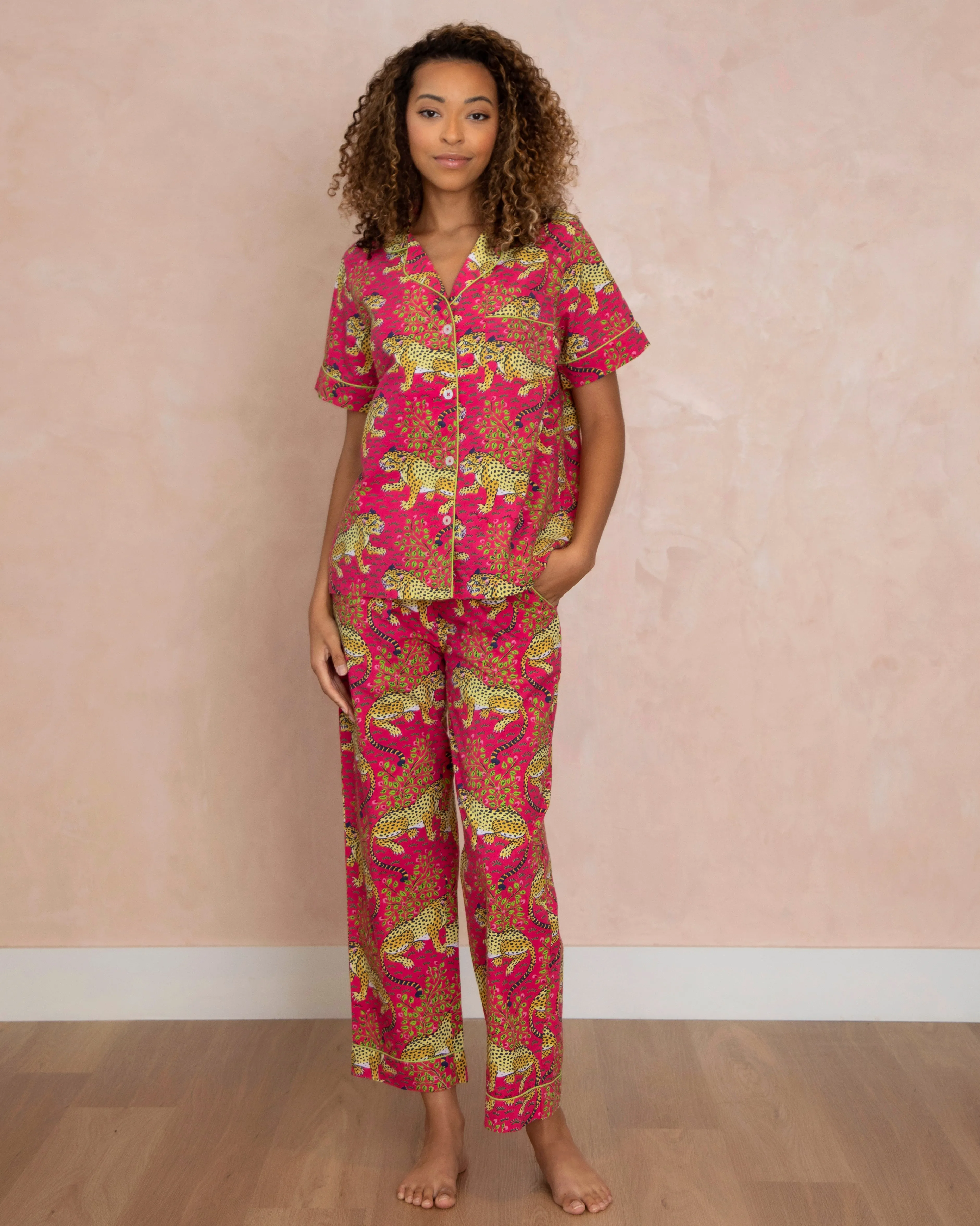Bagheera - Short Sleeve Top & Long Pants Set - Hot Pink