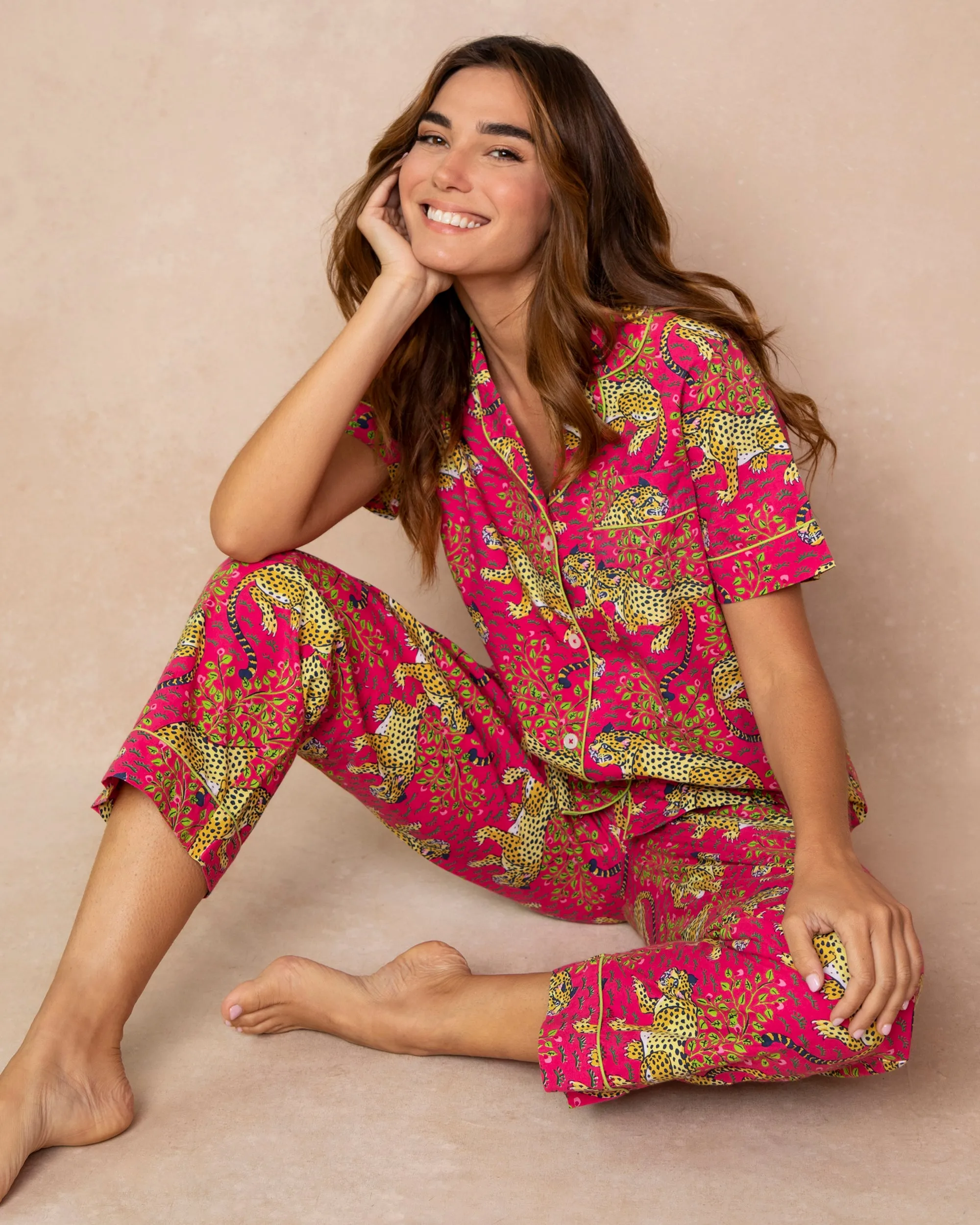 Bagheera - Short Sleeve Top & Long Pants Set - Hot Pink