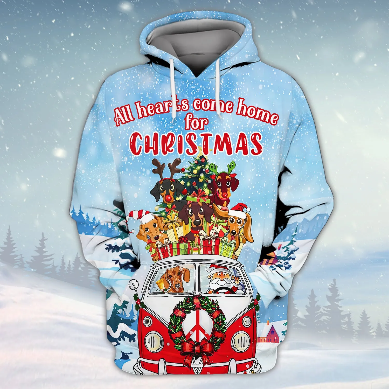 Dachshunds All Hearts Come Home For Christmas 3D Shirt Dachshunds Dog And Santa On Hippie Car