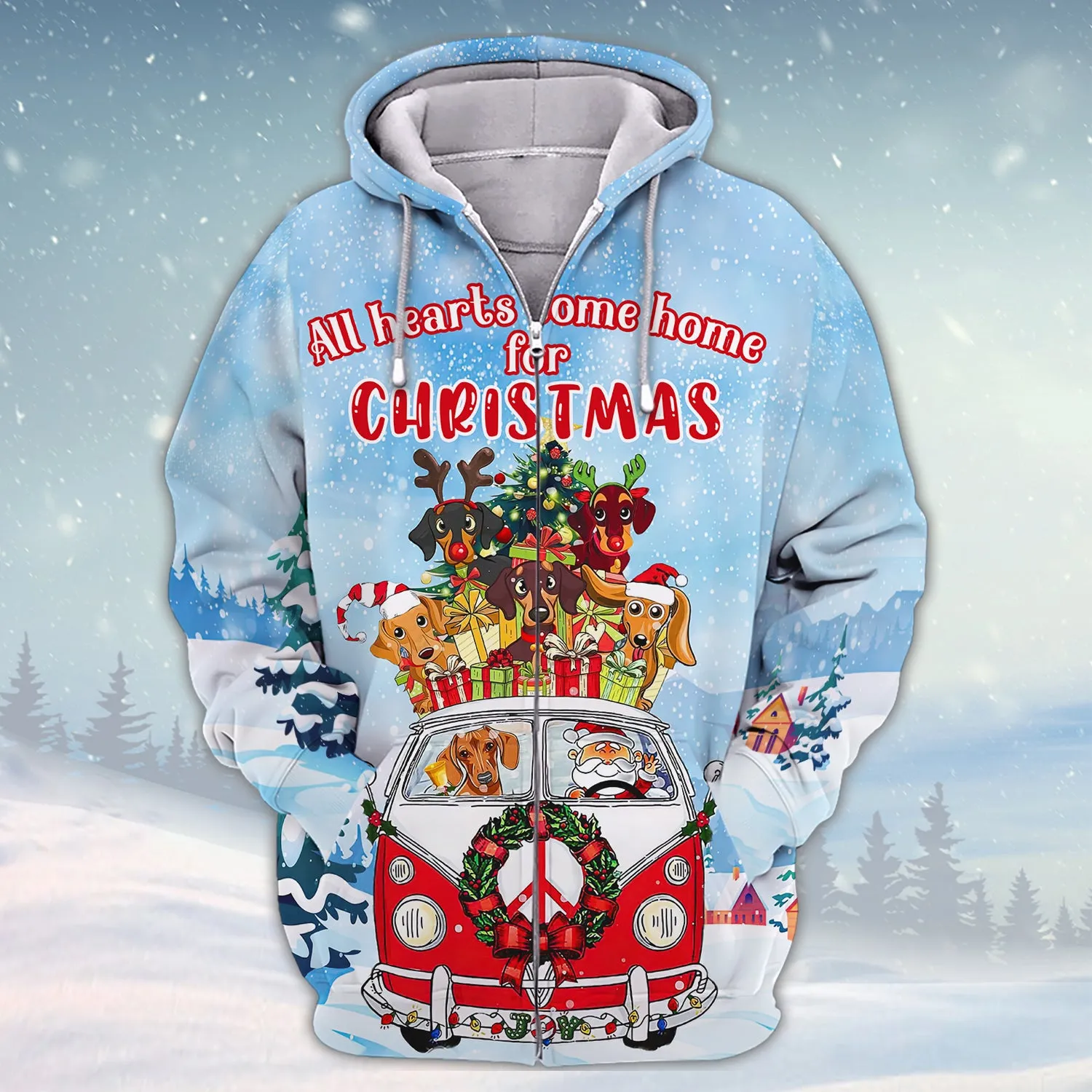 Dachshunds All Hearts Come Home For Christmas 3D Shirt Dachshunds Dog And Santa On Hippie Car