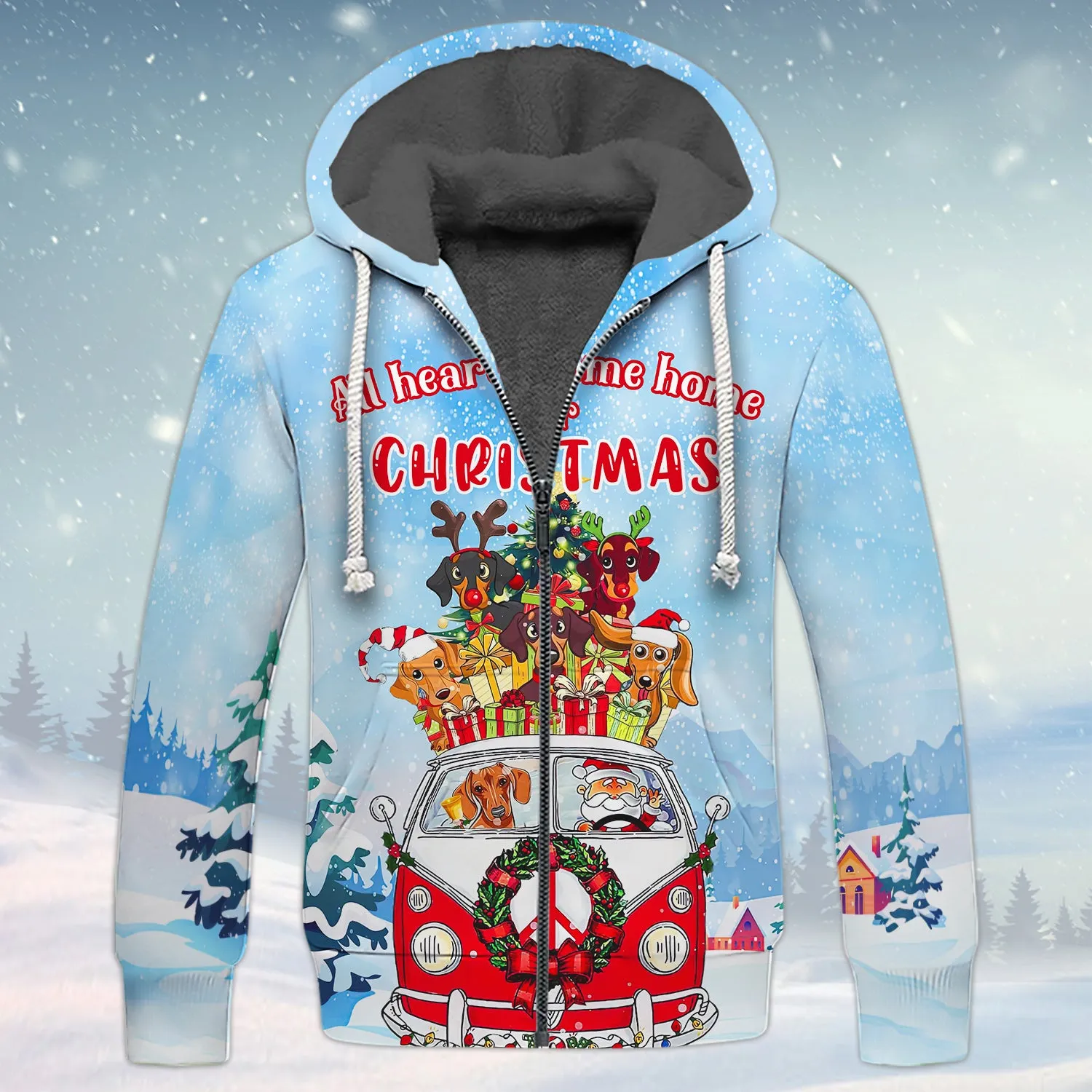Dachshunds All Hearts Come Home For Christmas 3D Shirt Dachshunds Dog And Santa On Hippie Car