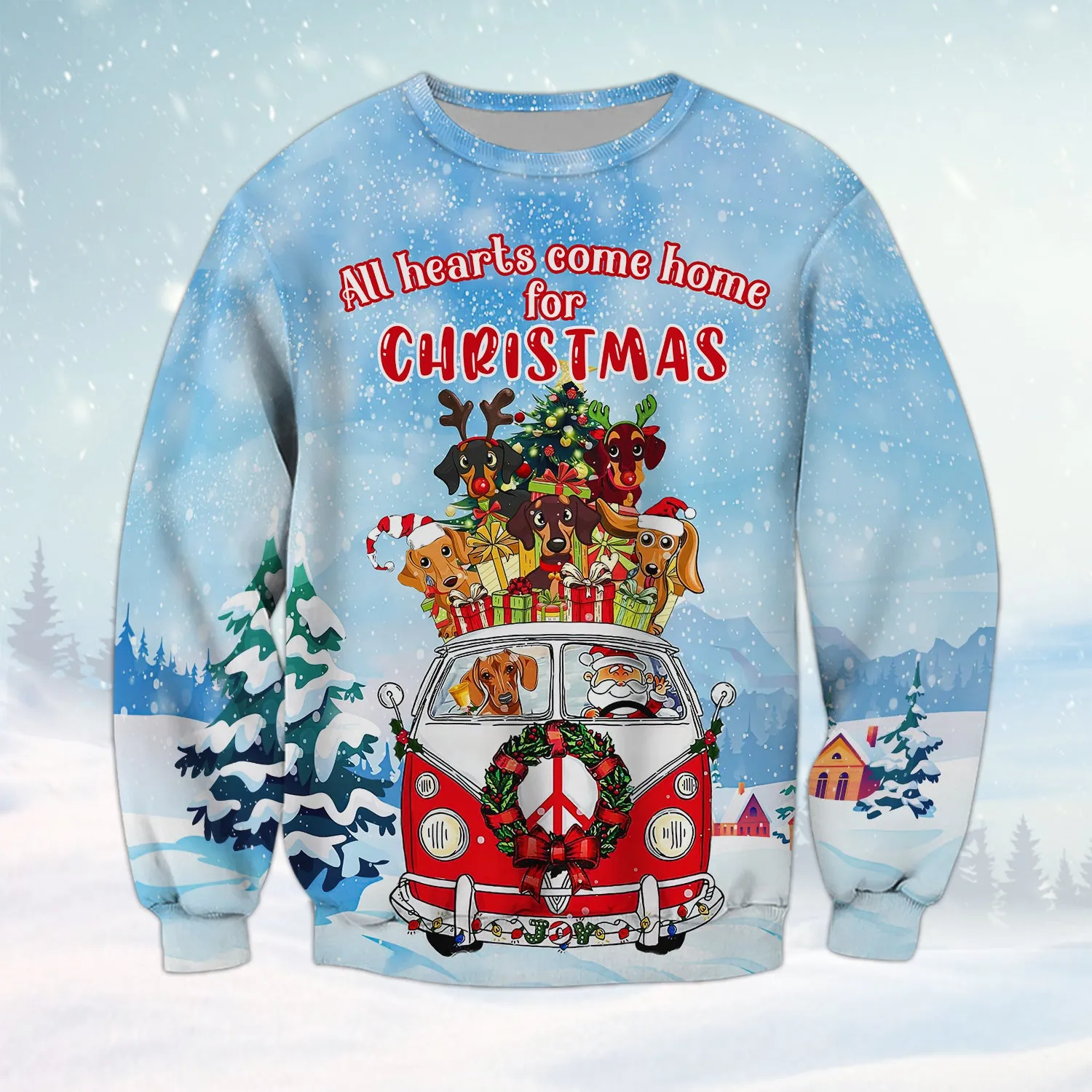 Dachshunds All Hearts Come Home For Christmas 3D Shirt Dachshunds Dog And Santa On Hippie Car