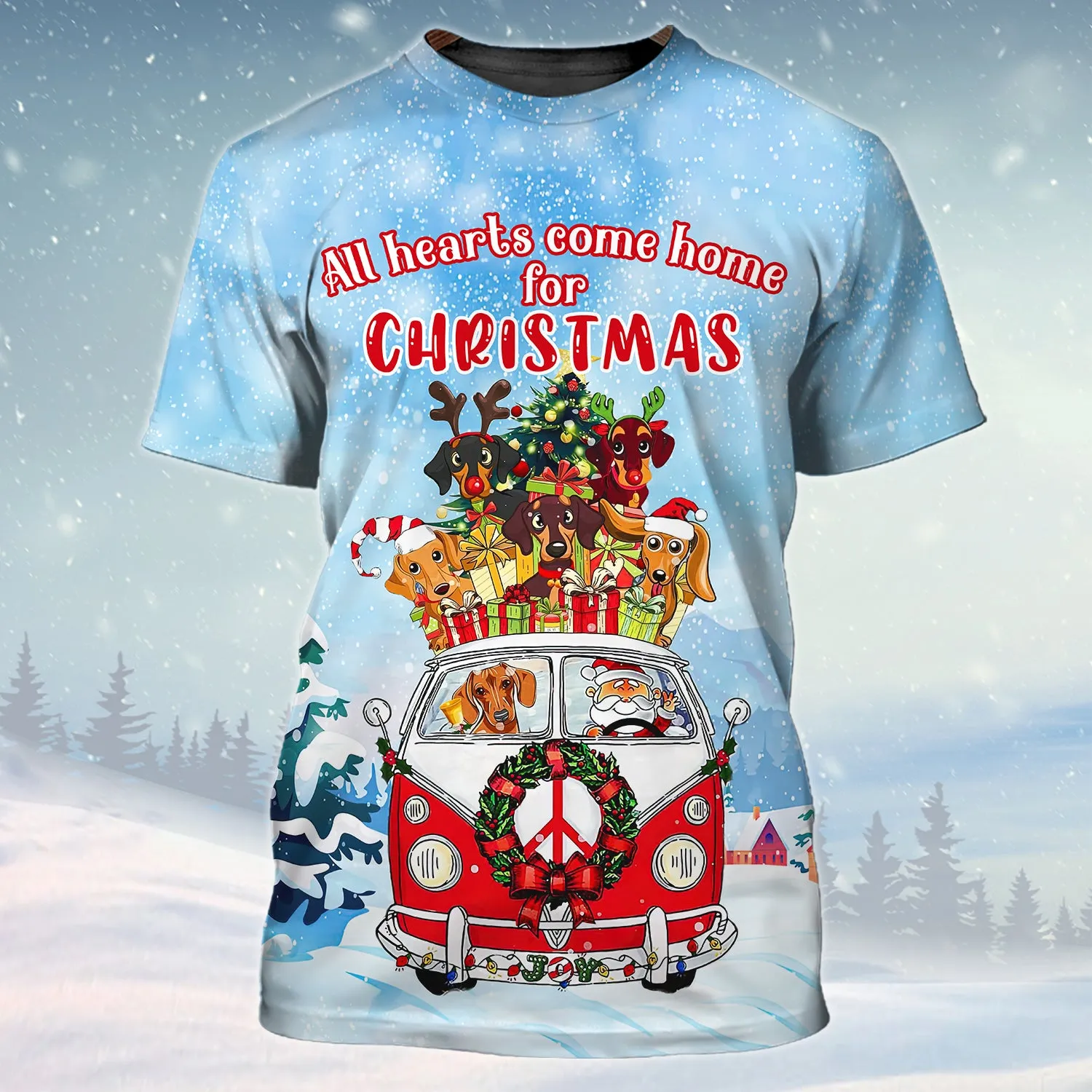Dachshunds All Hearts Come Home For Christmas 3D Shirt Dachshunds Dog And Santa On Hippie Car