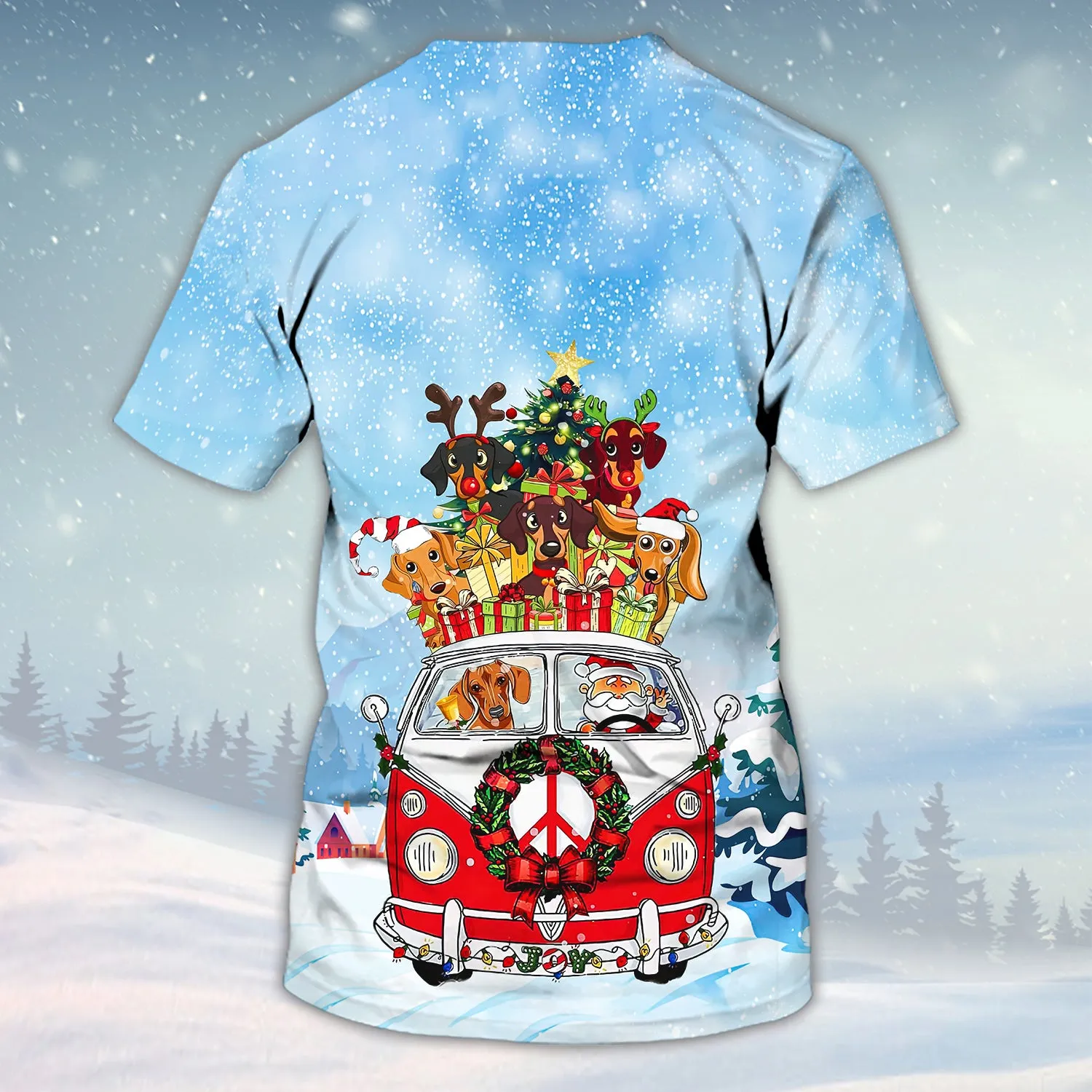Dachshunds All Hearts Come Home For Christmas 3D Shirt Dachshunds Dog And Santa On Hippie Car