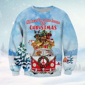 Dachshunds All Hearts Come Home For Christmas 3D Shirt Dachshunds Dog And Santa On Hippie Car