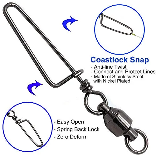 Easy Catch 20pcs/Box Size 3 4 5 6 7 Strong Fishing Ball Bearing Swivel with Solid Welded Ring and High-Strength Coastlock Snap (100% Copper Stainless Steel)
