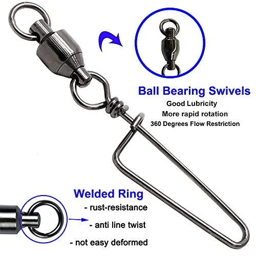 Easy Catch 20pcs/Box Size 3 4 5 6 7 Strong Fishing Ball Bearing Swivel with Solid Welded Ring and High-Strength Coastlock Snap (100% Copper Stainless Steel)