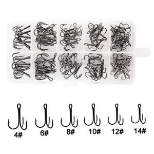Fishing Treble Hooks Kit High Carbon Steel Hooks Strong Sharp Round Bend for Lures Baits Saltwater Fishing 110pcs/box Mixed 6 Size 4 6 8 10 12 14