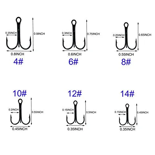 Fishing Treble Hooks Kit High Carbon Steel Hooks Strong Sharp Round Bend for Lures Baits Saltwater Fishing 110pcs/box Mixed 6 Size 4 6 8 10 12 14