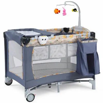 Foldable Baby Crib Playpen Playard Pack Travel Infant Bassinet Bed Music Gray