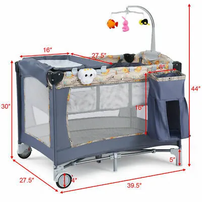 Foldable Baby Crib Playpen Playard Pack Travel Infant Bassinet Bed Music Gray