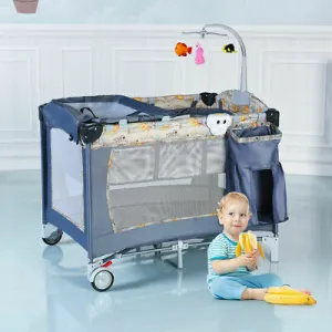 Foldable Baby Crib Playpen Playard Pack Travel Infant Bassinet Bed Music Gray