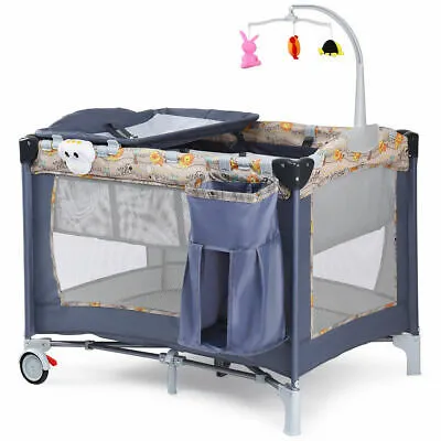Foldable Baby Crib Playpen Playard Pack Travel Infant Bassinet Bed Music Gray