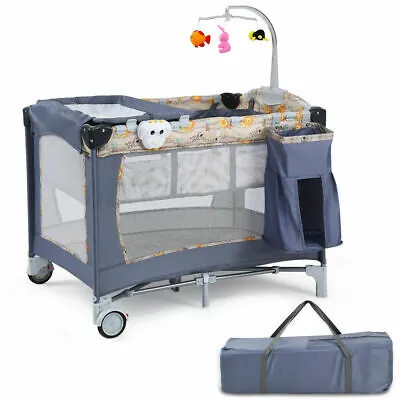 Foldable Baby Crib Playpen Playard Pack Travel Infant Bassinet Bed Music Gray