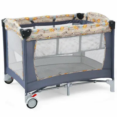 Foldable Baby Crib Playpen Playard Pack Travel Infant Bassinet Bed Music Gray