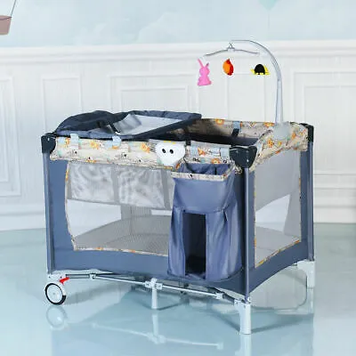 Foldable Baby Crib Playpen Playard Pack Travel Infant Bassinet Bed Music Gray