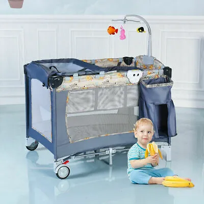 Foldable Baby Crib Playpen Playard Pack Travel Infant Bassinet Bed Music Gray