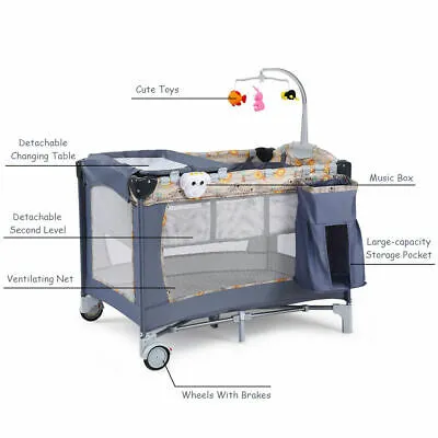 Foldable Baby Crib Playpen Playard Pack Travel Infant Bassinet Bed Music Gray