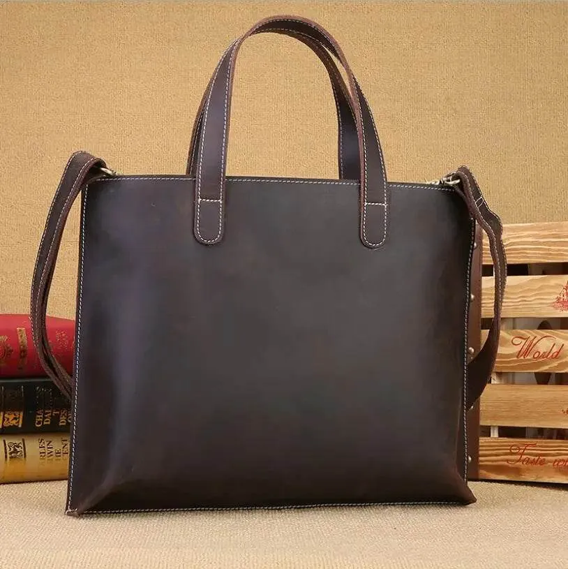 Large Leather Tote Shoulder Bag for Men Women A4