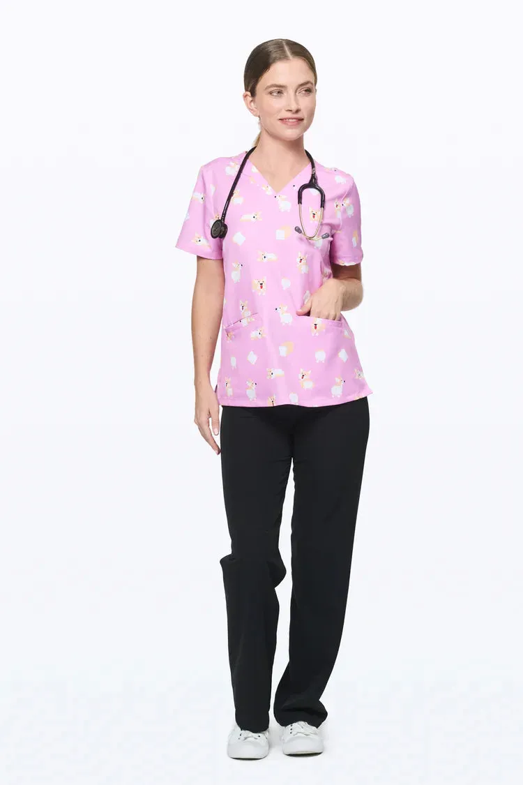 Loafing Corgis Women’s 3-Pocket Scrub Top