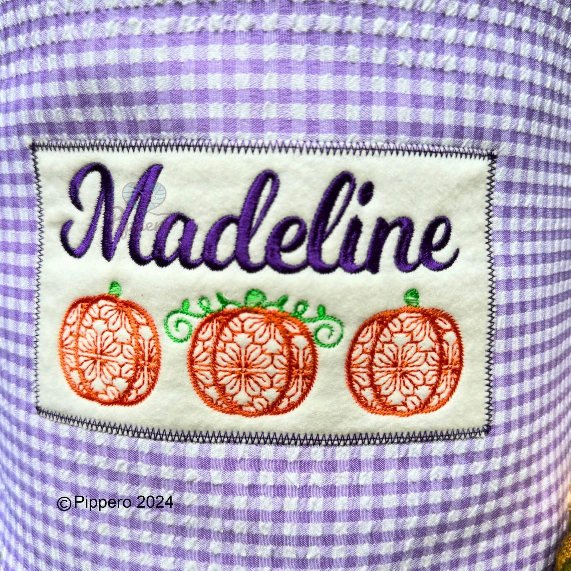 Personalized Embroidered Gingham Trick or Treat Halloween Basket Bag Orange Pumpkin Design