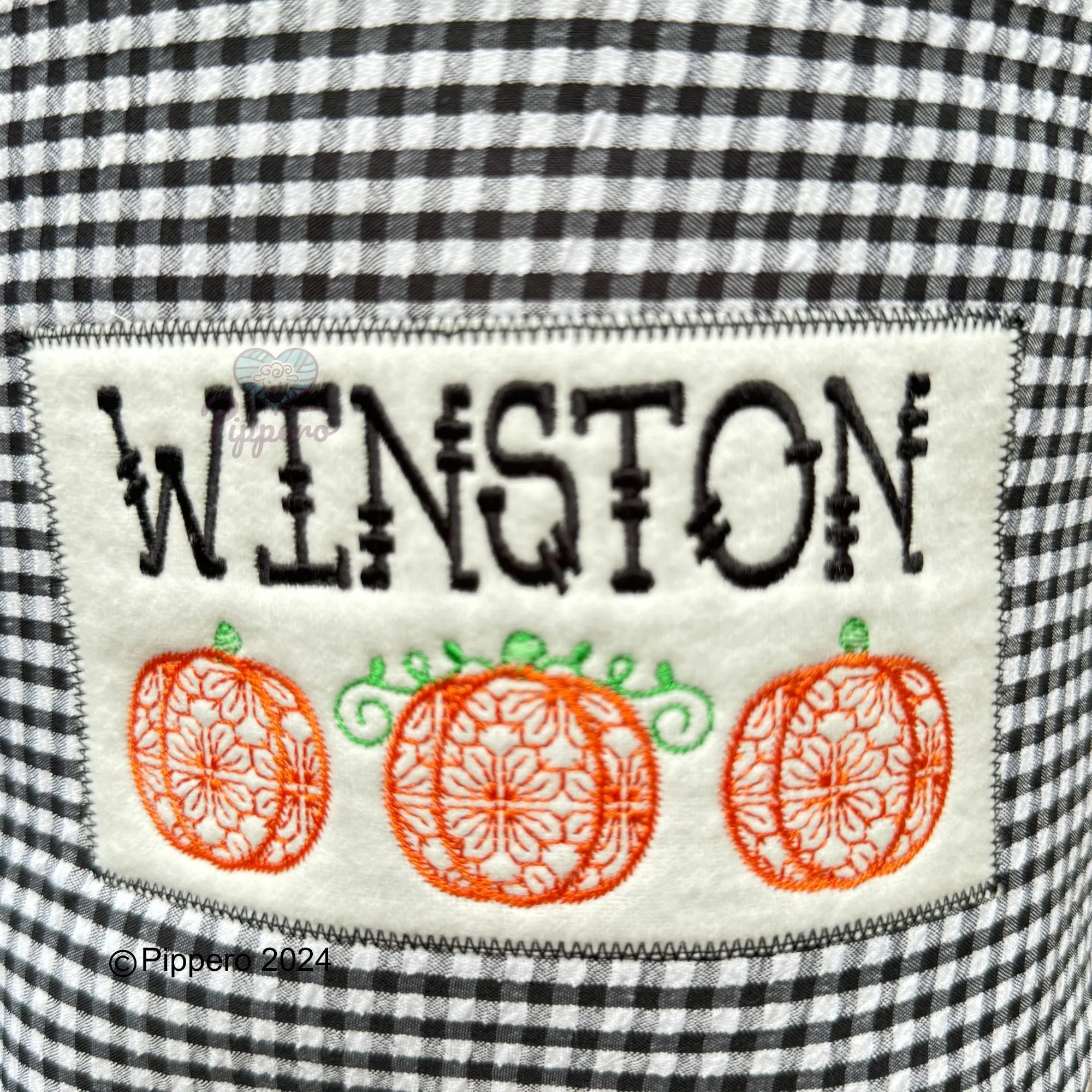 Personalized Embroidered Gingham Trick or Treat Halloween Basket Bag Orange Pumpkin Design