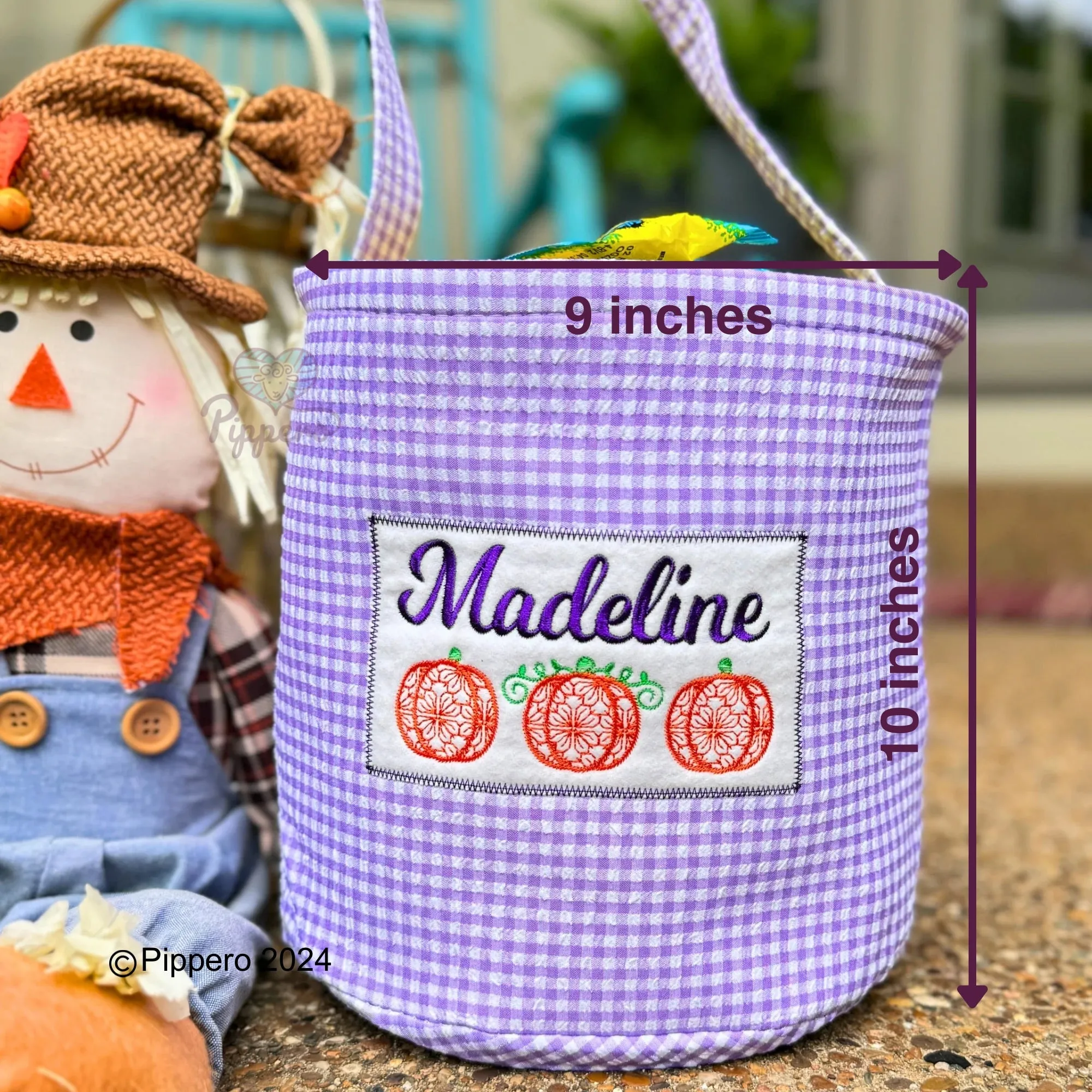 Personalized Embroidered Gingham Trick or Treat Halloween Basket Bag Orange Pumpkin Design