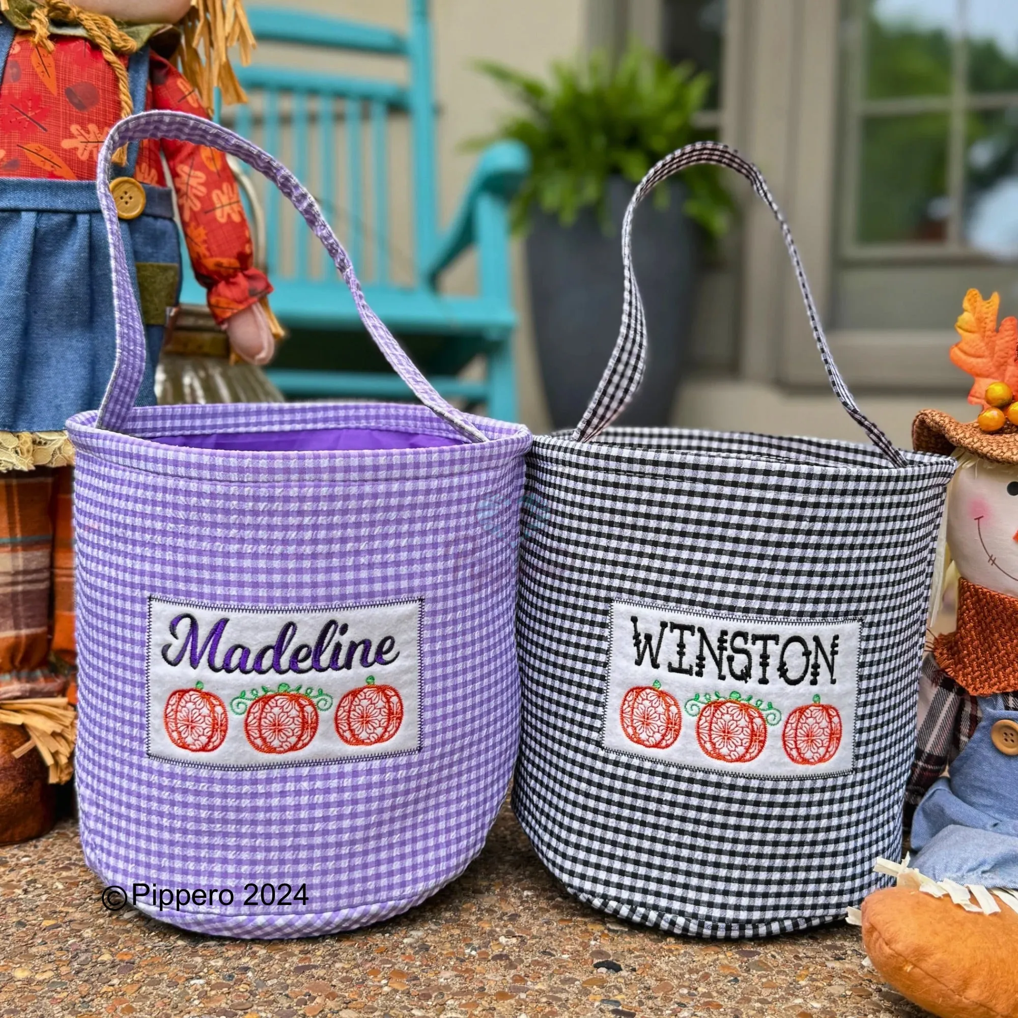 Personalized Embroidered Gingham Trick or Treat Halloween Basket Bag Orange Pumpkin Design
