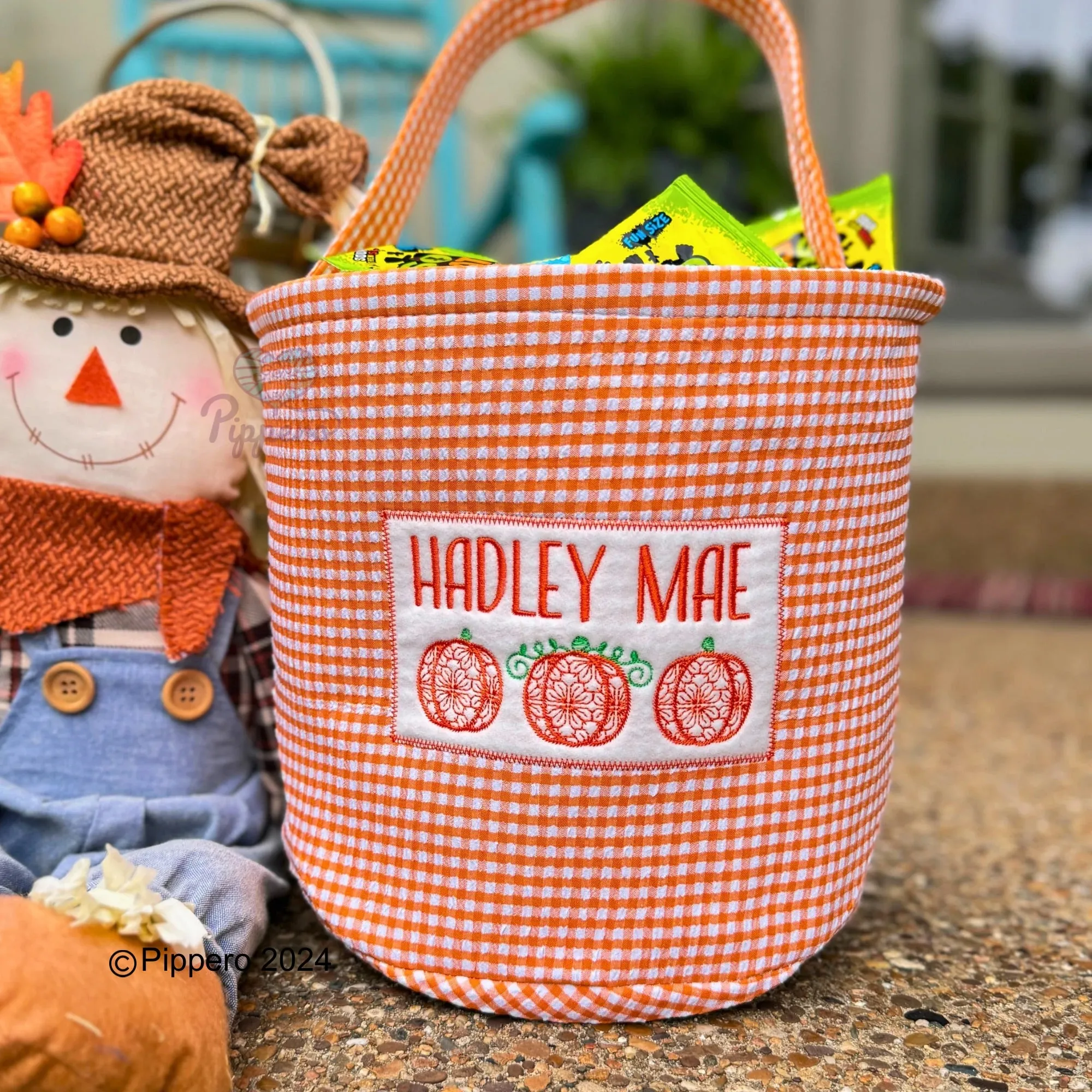 Personalized Embroidered Gingham Trick or Treat Halloween Basket Bag Orange Pumpkin Design