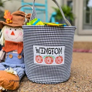 Personalized Embroidered Gingham Trick or Treat Halloween Basket Bag Orange Pumpkin Design