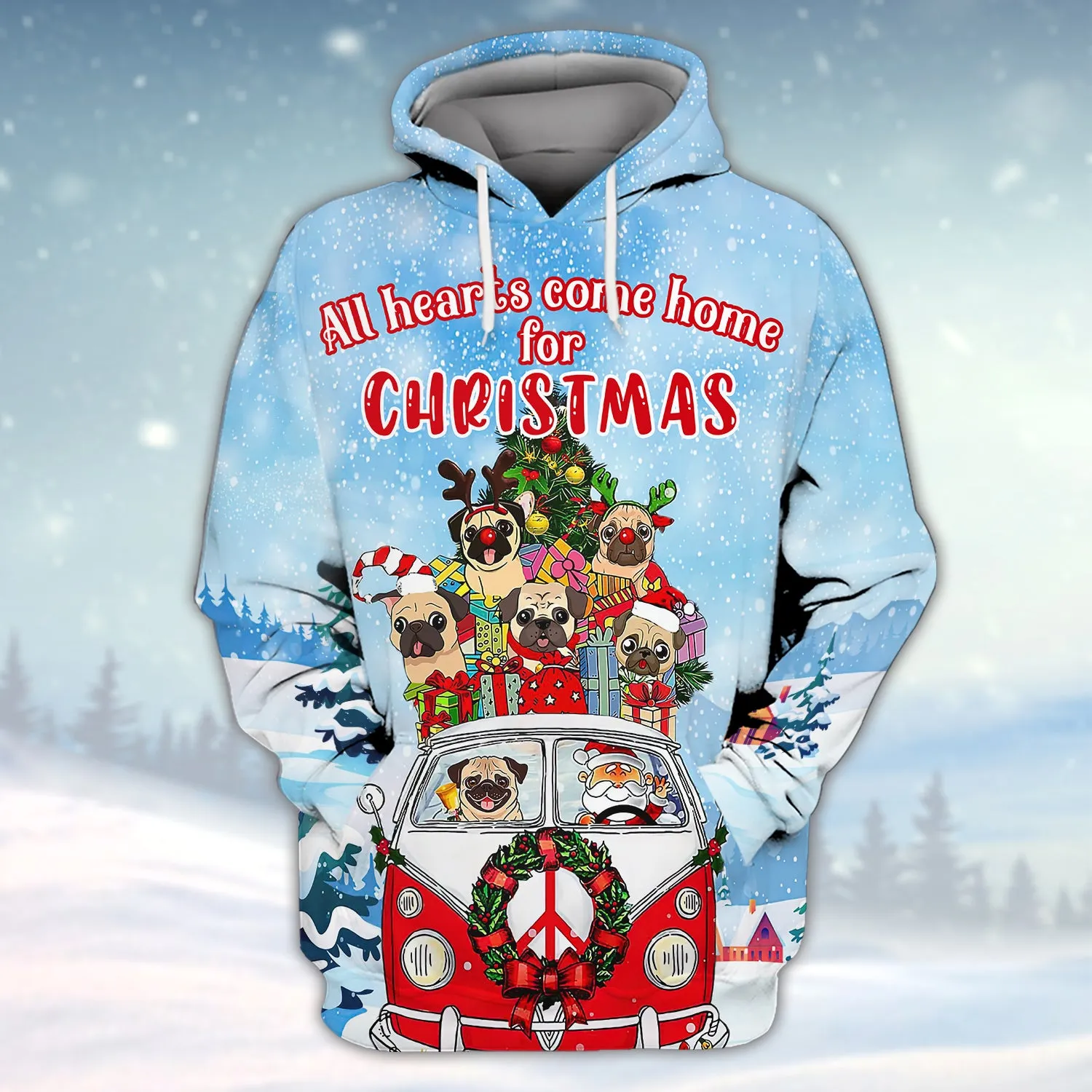 Pugs Dog All Hearts Come Home For Christmas 3D Shirt Pugs Dog And Santa On Hippie Car