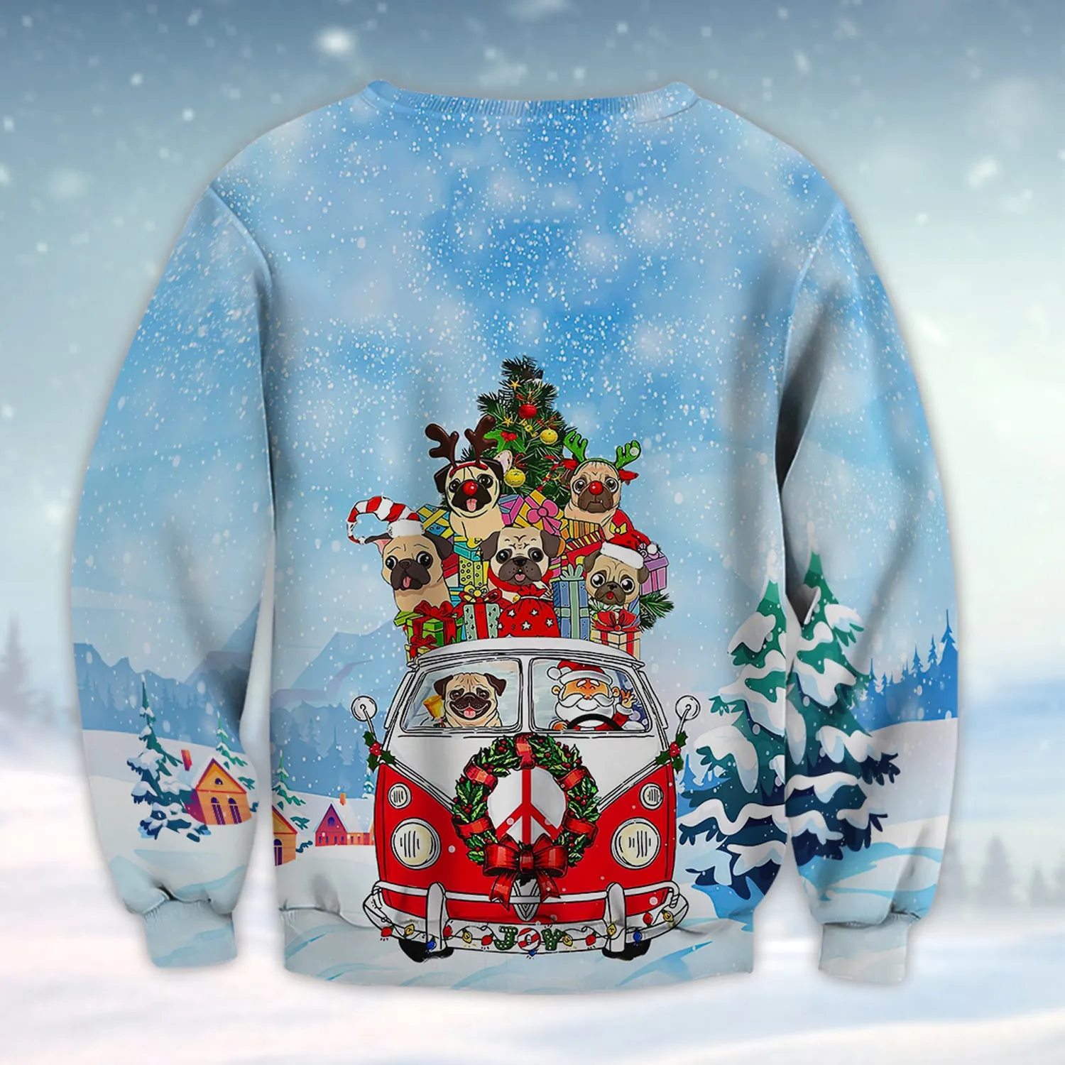 Pugs Dog All Hearts Come Home For Christmas 3D Shirt Pugs Dog And Santa On Hippie Car
