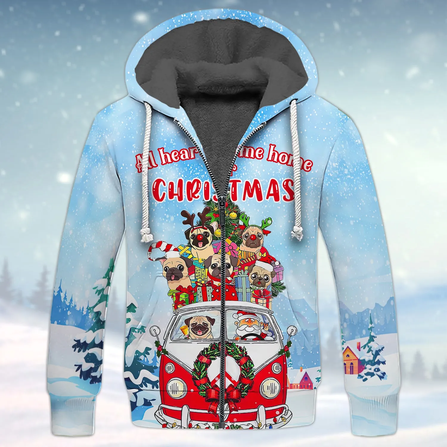 Pugs Dog All Hearts Come Home For Christmas 3D Shirt Pugs Dog And Santa On Hippie Car