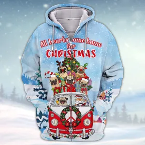 Pugs Dog All Hearts Come Home For Christmas 3D Shirt Pugs Dog And Santa On Hippie Car