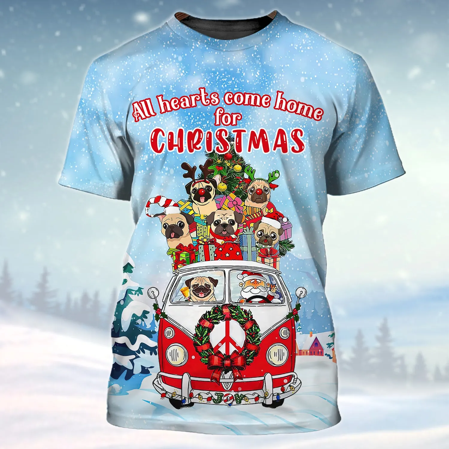 Pugs Dog All Hearts Come Home For Christmas 3D Shirt Pugs Dog And Santa On Hippie Car
