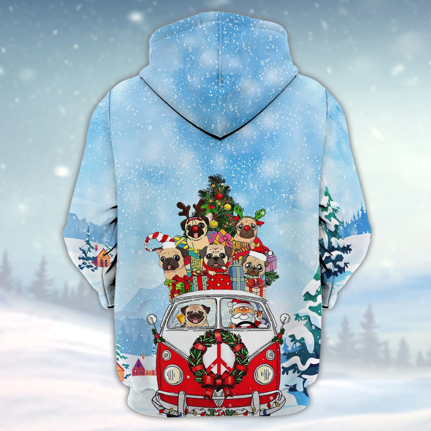 Pugs Dog All Hearts Come Home For Christmas 3D Shirt Pugs Dog And Santa On Hippie Car