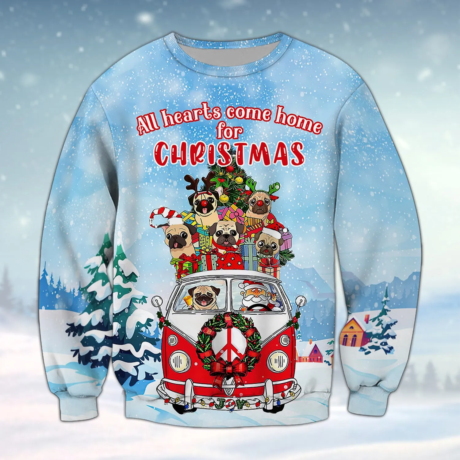 Pugs Dog All Hearts Come Home For Christmas 3D Shirt Pugs Dog And Santa On Hippie Car