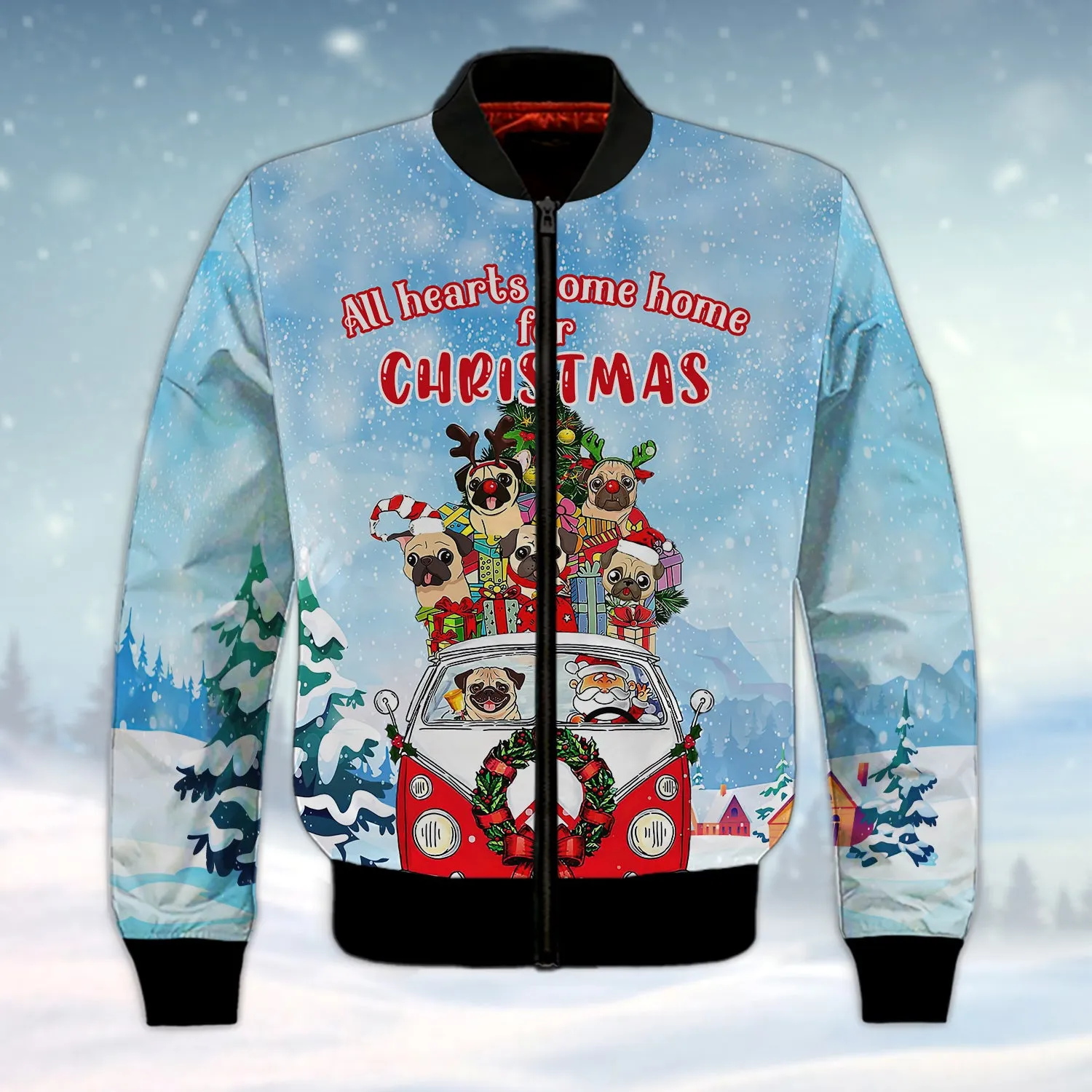 Pugs Dog All Hearts Come Home For Christmas 3D Shirt Pugs Dog And Santa On Hippie Car
