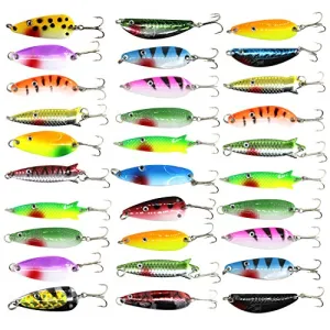 Shaddock Fishing Spoons Metal Lures, 30pcs Colorful Casting Fishing Spinner Baits Trout Trolling Spoon Fishing Lures Sharp Treble Hooks Tackle Kit