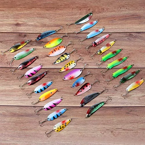 Shaddock Fishing Spoons Metal Lures, 30pcs Colorful Casting Fishing Spinner Baits Trout Trolling Spoon Fishing Lures Sharp Treble Hooks Tackle Kit