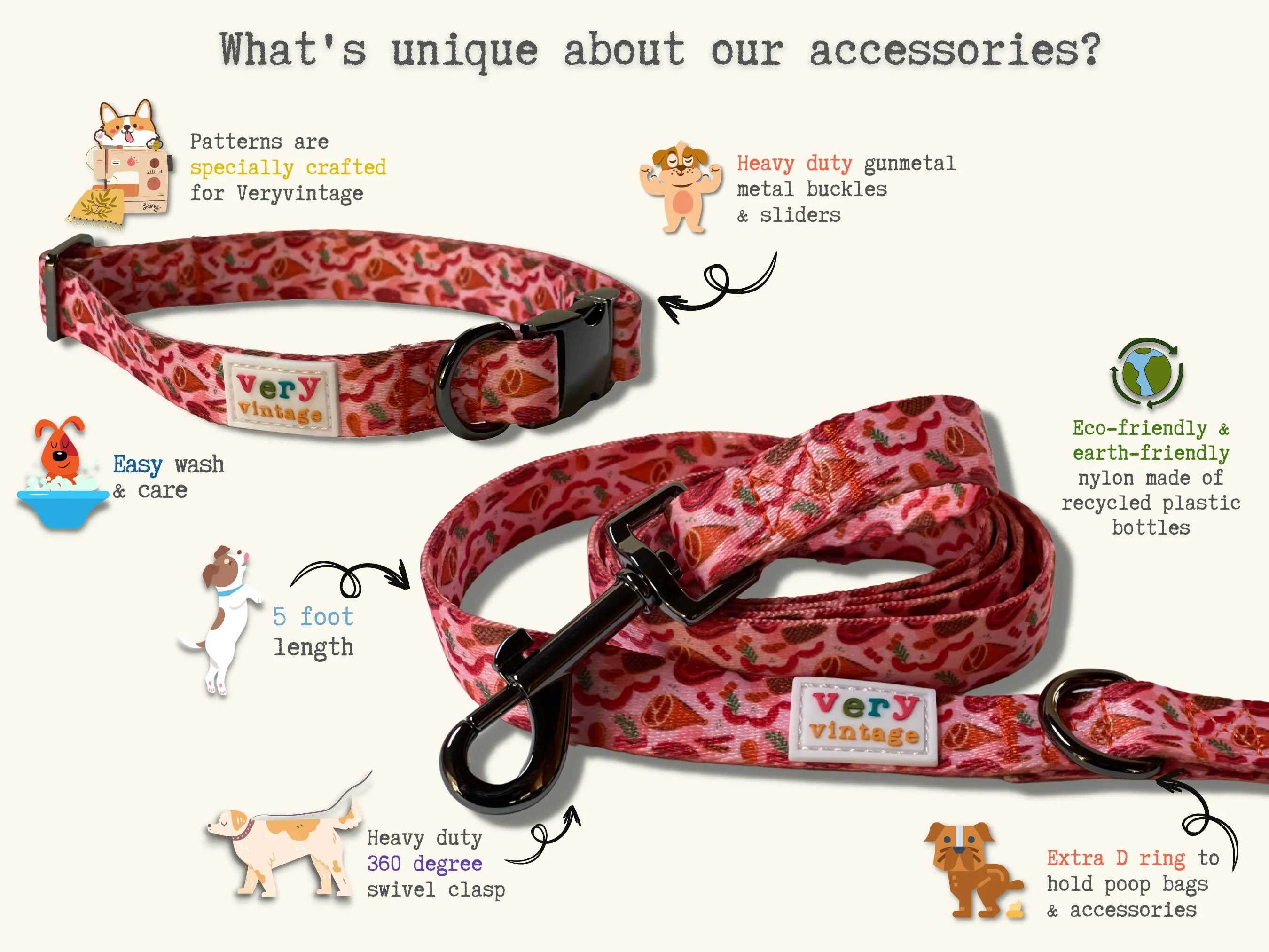 Very Vintage Designs - Garden Party - Pink Floral Flowers Recycled Collar & Leash