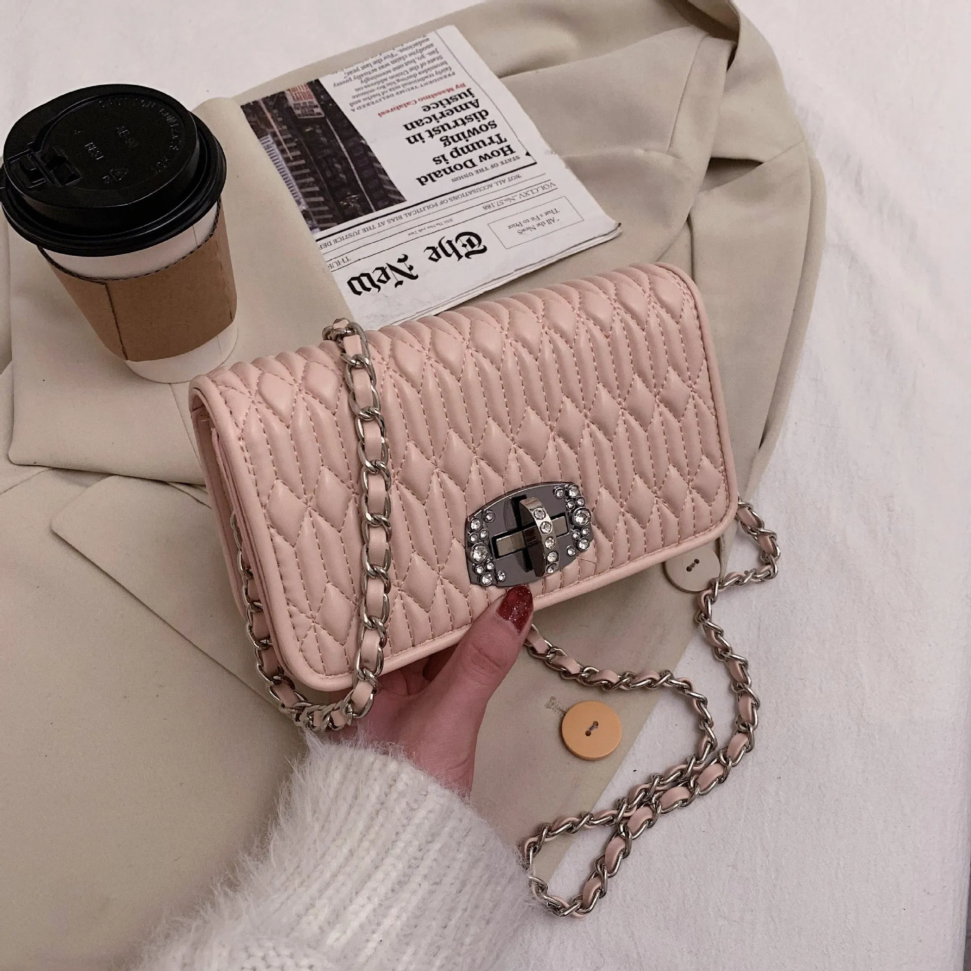 Women's Korean Style Pleated Chain Embroidery Thread Bags